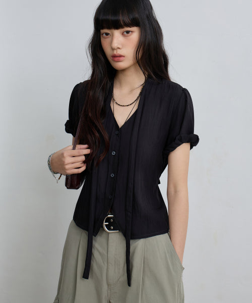 SOFT TIE BUTTON BLOUSE - 5 COLORS BLACK