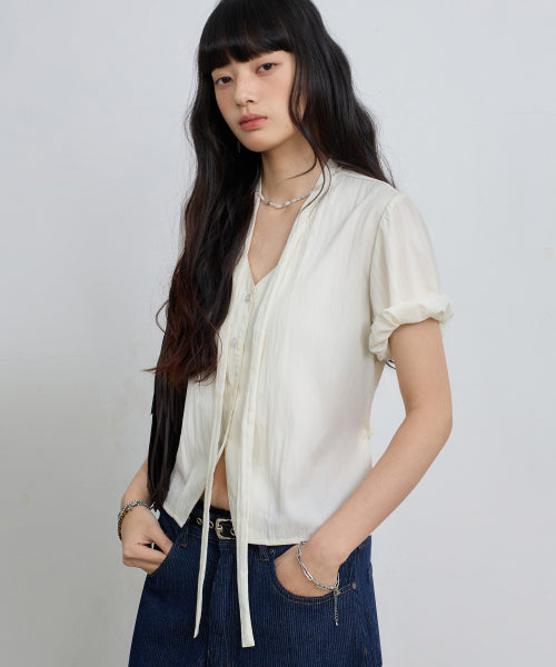 SOFT TIE BUTTON BLOUSE - 5 COLORS CREAM