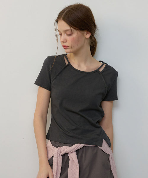 LAYERED SLIT SHORT SLEEVE TEE - 2 COLORS