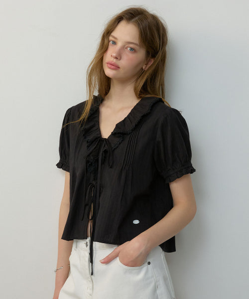 FRILL V-NECK SHORT SLEEVE BLOUSE - 2 COLORS