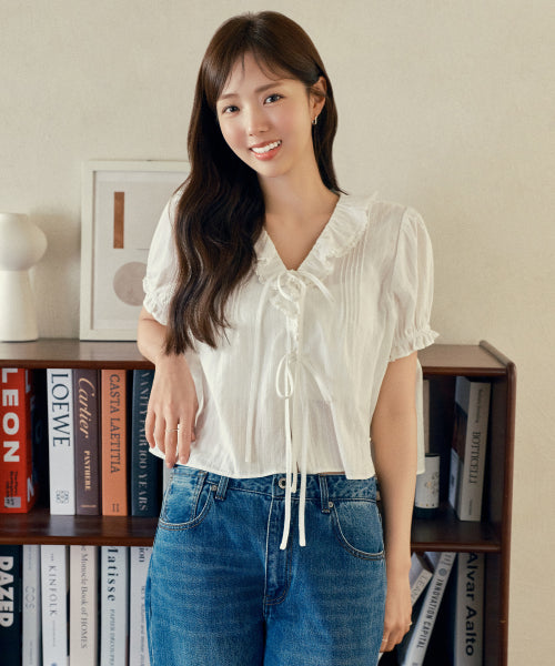 FRILL V-NECK SHORT SLEEVE BLOUSE - 2 COLORS