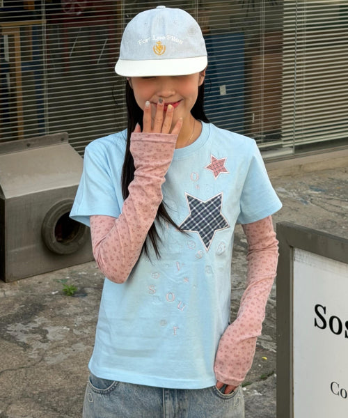 CHECK TWO STAR TEE - 6 COLORS SKY BLUE