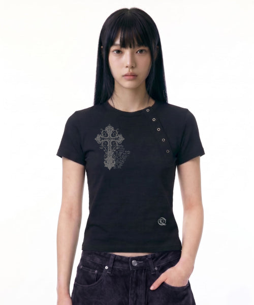 TEE CROSS DIAGONAL BUTTON T-SHIRT - 2 COLORS BLACK