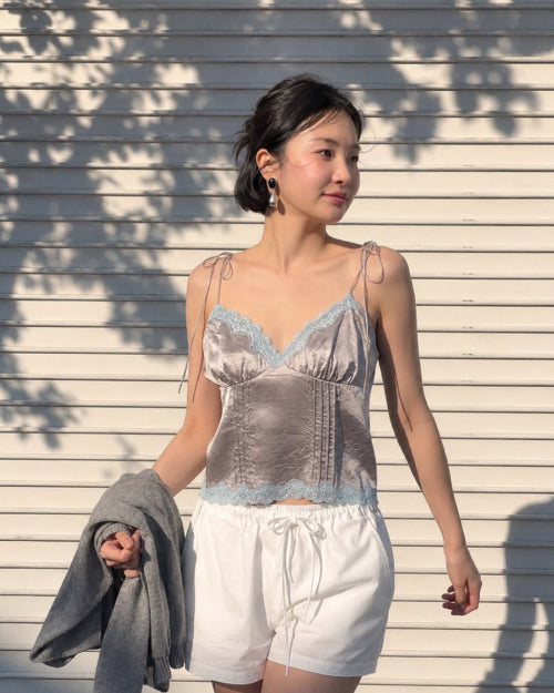 SINOON SATIN LACE SLEEVELESS BLOUSE - 2 COLORS LIGHT GREY