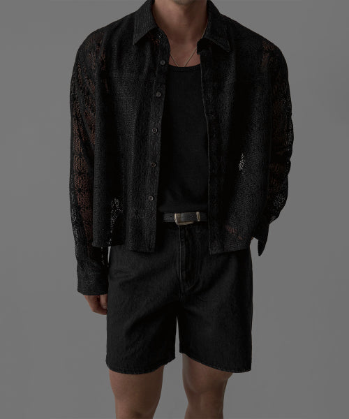 SHEER CROCHET CROP SHIRT - 3 COLORS BLACK