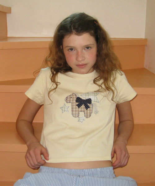 RIBBON PONY APPLIQUE CROP T SHIRT - 2 COLORS YELLOW