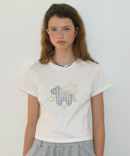 RIBBON PONY APPLIQUE CROP T SHIRT - 2 COLORS WHITE