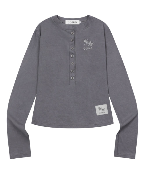 7 BUTTON HENLEY NECK LONG SLEEVE TEE - 3 COLORS BLACK