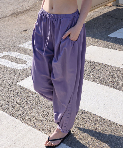 BUTTON DETAIL SHIRRING PANTS - 3 COLORS PURPLE