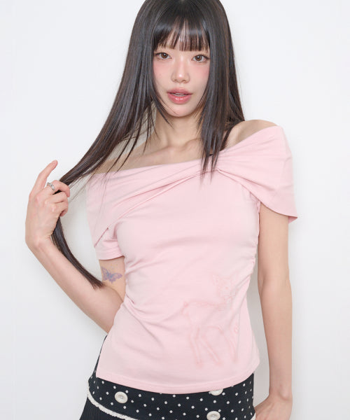 SAESO DEER BOW OFF-SHOULDER TEE - 3 COLORS PINK