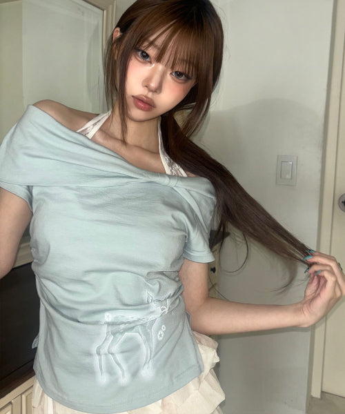 SAESO DEER BOW OFF-SHOULDER TEE - 3 COLORS MINT