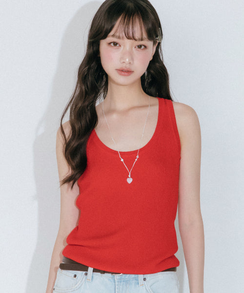 U NECK SLIM SLEEVELESS KNIT TOP - 2 COLORS RED