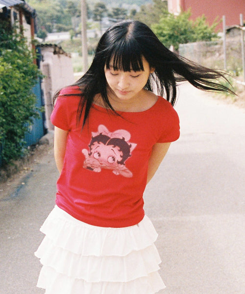 RONRON BETTY BOOP RIBBON BOAT NECK TEE - 2 COLORS RED