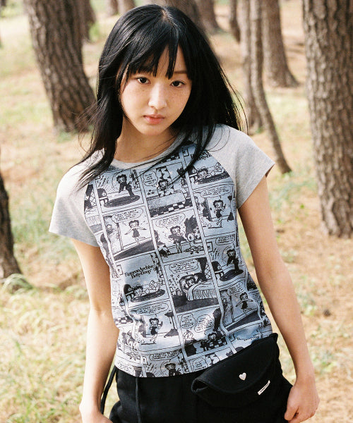 RONRON BETTY BOOP ALL OVER CARTOON RAGLAN TEE - 2 COLORS GREY