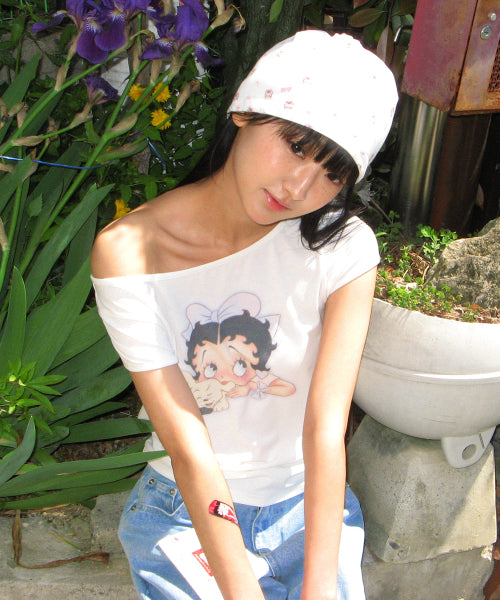 RONRON BETTY BOOP RIBBON BOAT NECK TEE - 2 COLORS WHITE