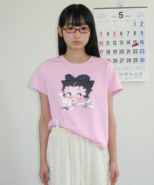 RONRON BETTY BOOP RIBBON APPLIQUE CROP TEE SOFT PINK