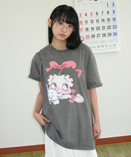 RONRON BETTY BOOP PIGMENT RIBBON OVERFIT TEE - 2 COLORS CHARCOAL