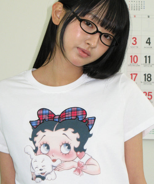 RONRON BETTY BOOP RIBBON APPLIQUE CROP TEE - 2 COLORS WHITE