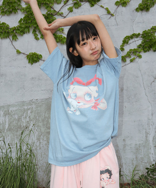 RONRON BETTY BOOP PIGMENT RIBBON OVERFIT TEE SOFT BLUE