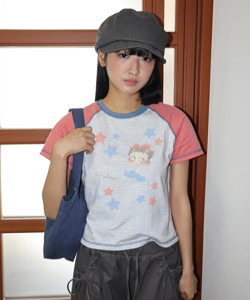 RONRON BETTY BOOP MINI STAR STITCH RAGLAN TEE - 3 COLORS ORANGE