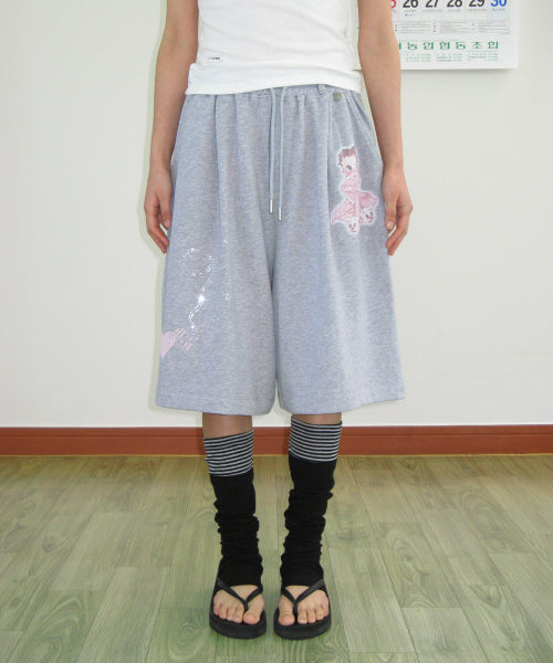 RONRON BETTY BOOP DREAMY RIBBON SWEAT BERMUDA PANTS - 2 COLORS GREY