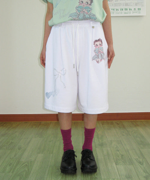 RONRON BETTY BOOP DREAMY RIBBON SWEAT BERMUDA PANTS - 2 COLORS WHITE