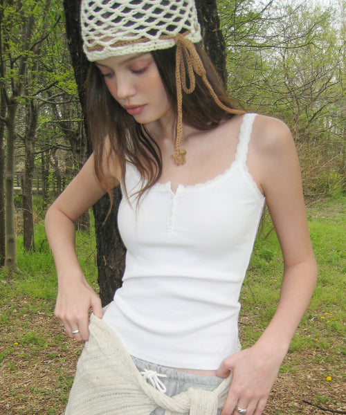 LACE HENLEY NECK SLEEVELESS - 4 COLORS BLACK