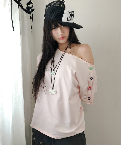 CANDY BUTTON LOOSE TEE - 2 COLORS PINK