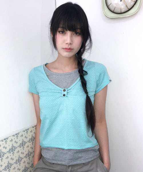 LAYERED HENLEY NECK TOP - 3 COLORS MINT