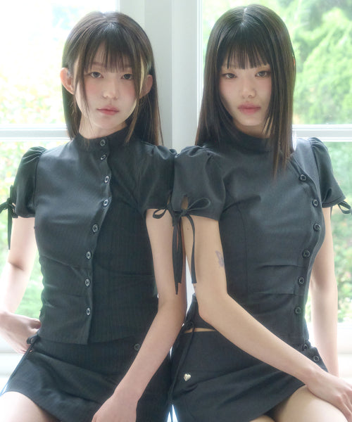 CHINA BUTTON COLLAR TOP - 2 COLORS CHARCOAL