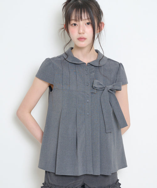 RIBBON PLEATS SHORT SLEEVE BLOUSE GREY - 3 COLORS GREY
