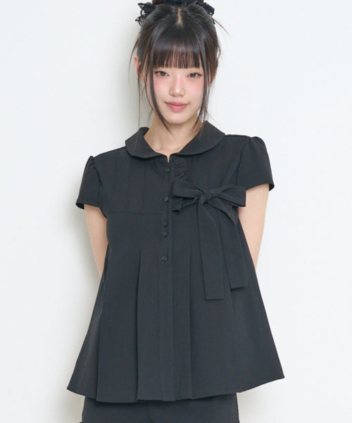 RIBBON PLEATS SHORT SLEEVE BLOUSE GREY - 3 COLORS BLACK
