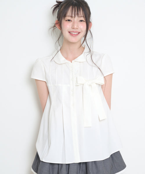 RIBBON PLEATS BLOUSE - 3 COLORS WHITE