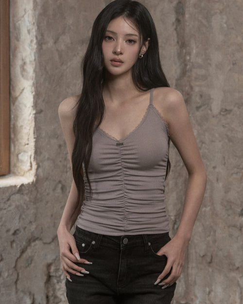KHAKIPOINT LACE SHIRRING SLEEVELESS - 3 COLORS GREY