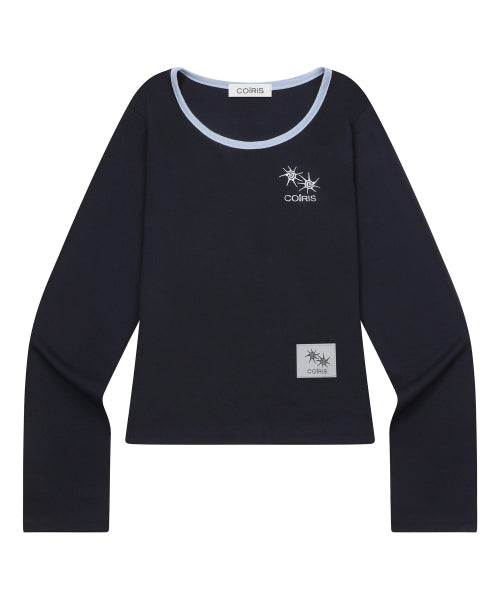 LORA SMALL LOGO CONTRAST U-NECK LONG SLEEVE TEE - 9 COLORS BLACK