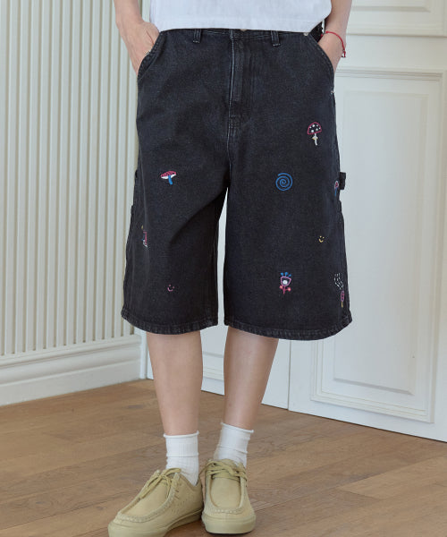 STITCH BERMUDA DENIM PANTS BLACK