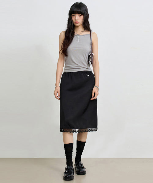 SATIN LACE MIDI SKIRT - 2 COLORS BLACK