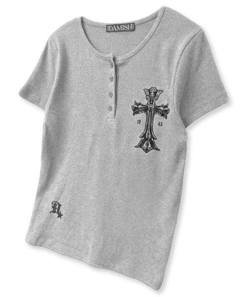GOTHIC CROSS HENLEY NECK SHORT SLEEVE - 3 COLORS GREY