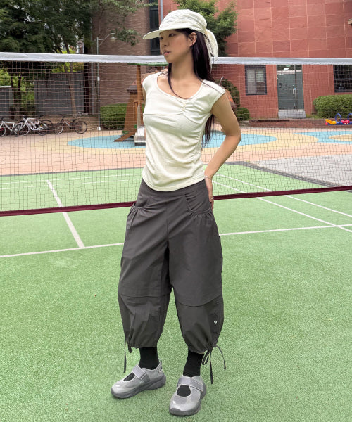 POCKET SHIRRING CAPRI PANTS - 2 COLORS CHARCOAL