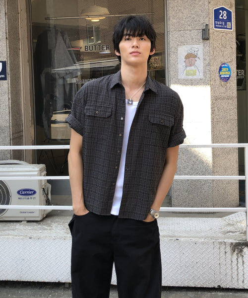 ROLL-UP TWO POCKET CHECK HALF SHIRT BLACK