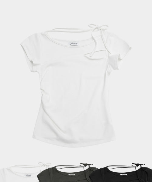 UNBALANCED SHIRRING STRAP SEMI CROP SHORT SLEEVE TEE - 3 COLORS CHARCOAL
