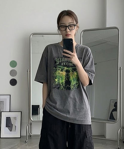 VINTAGE NEON LIGHTNING CRACK PIGMENT SHORT SLEEVE TEE - 3 COLORS BLACK