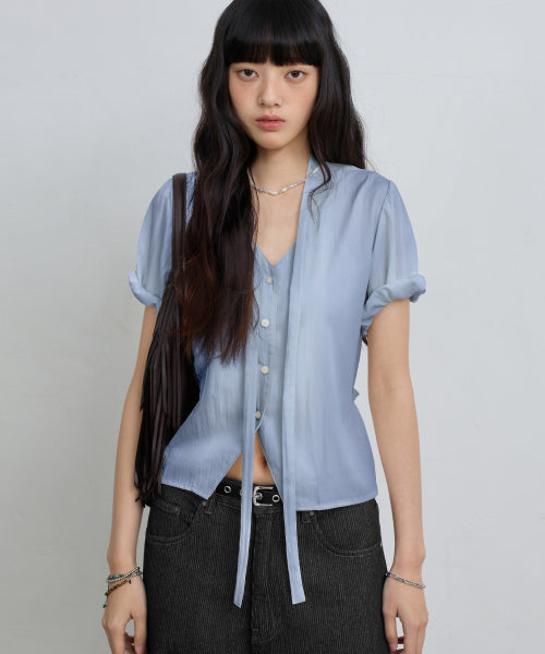 SOFT TIE BUTTON BLOUSE - 5 COLORS BLUE
