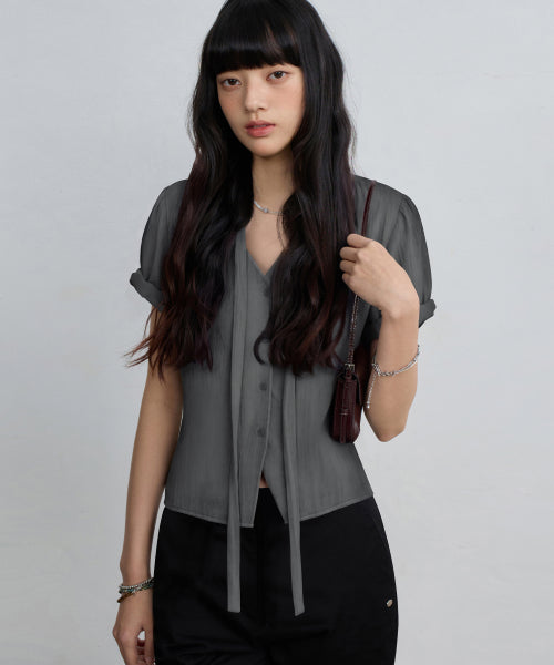 SOFT TIE BUTTON BLOUSE - 5 COLORS GREY