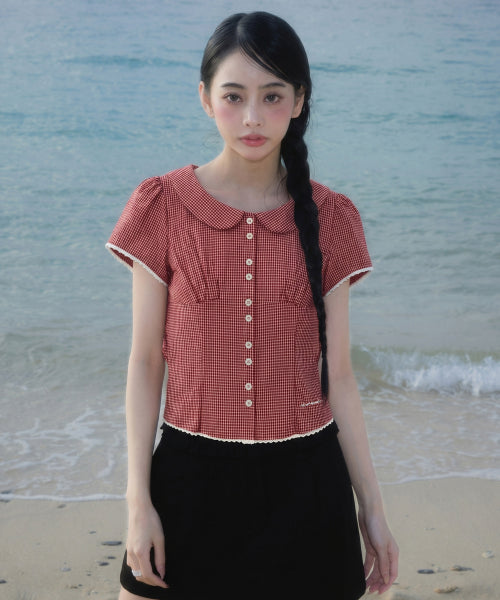 ROUND COLLAR SHORT SLEEVE BLOUSE - 2 COLORS RED