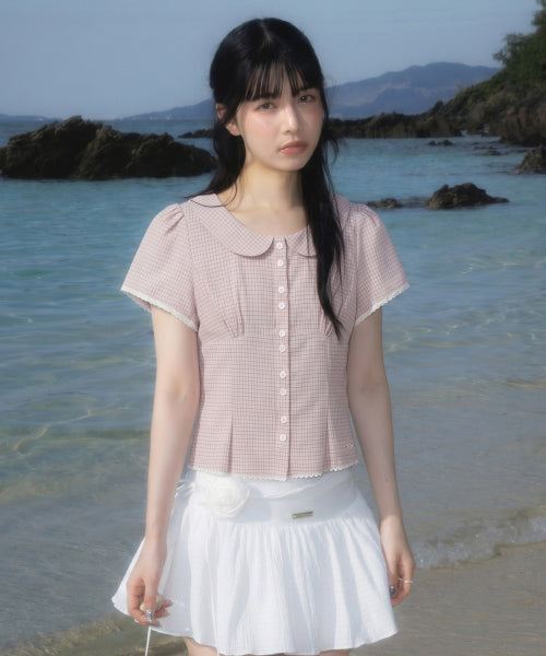 ROUND COLLAR SHORT SLEEVE BLOUSE - 2 COLORS PINK