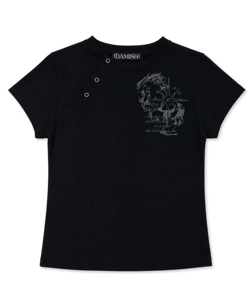 PONY GRAPHIC DIAGONAL BUTTON T-SHIRT - 2 COLORS BLACK