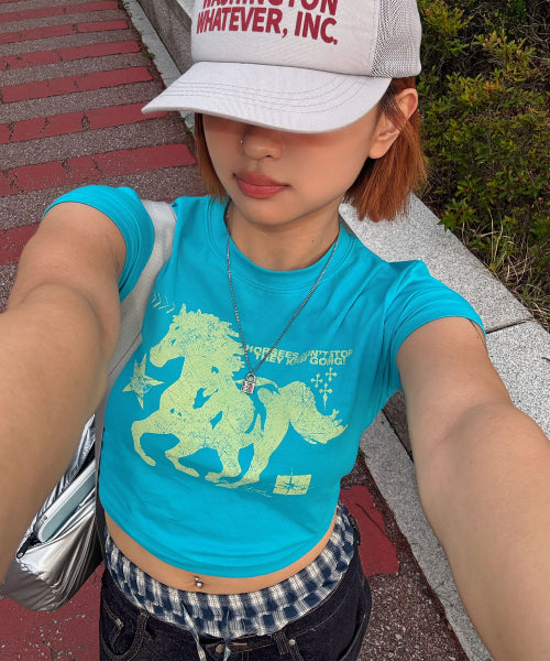 HORSE GRAPHIC PASTEL SLIM T-SHIRT - 3 COLORS BLUE