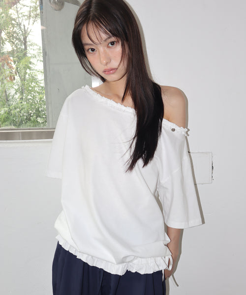FRILL OFF SHOULDER STRING T SHIRT - 2 COLORS WHITE