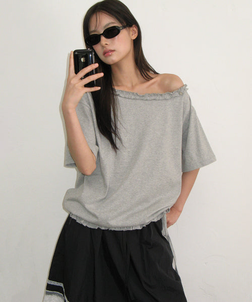 FRILL OFF SHOULDER STRING T SHIRT - 2 COLORS GREY